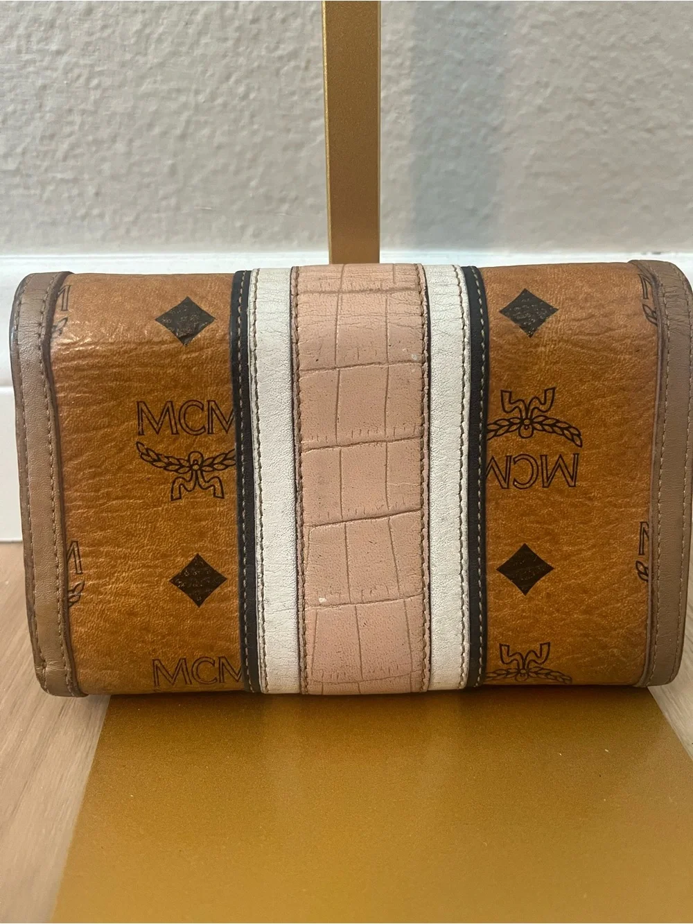 MCM München Visetos Cognac Long Continental Wallet with Pink Croc-Embossed Strip